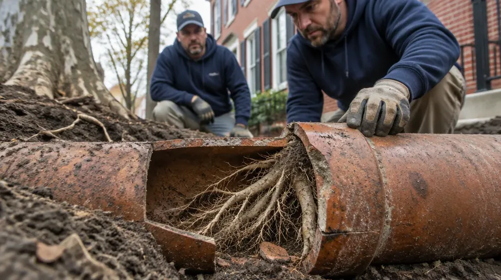 London plane tree roots entering a clay sewer pipe joint in Philadelphia