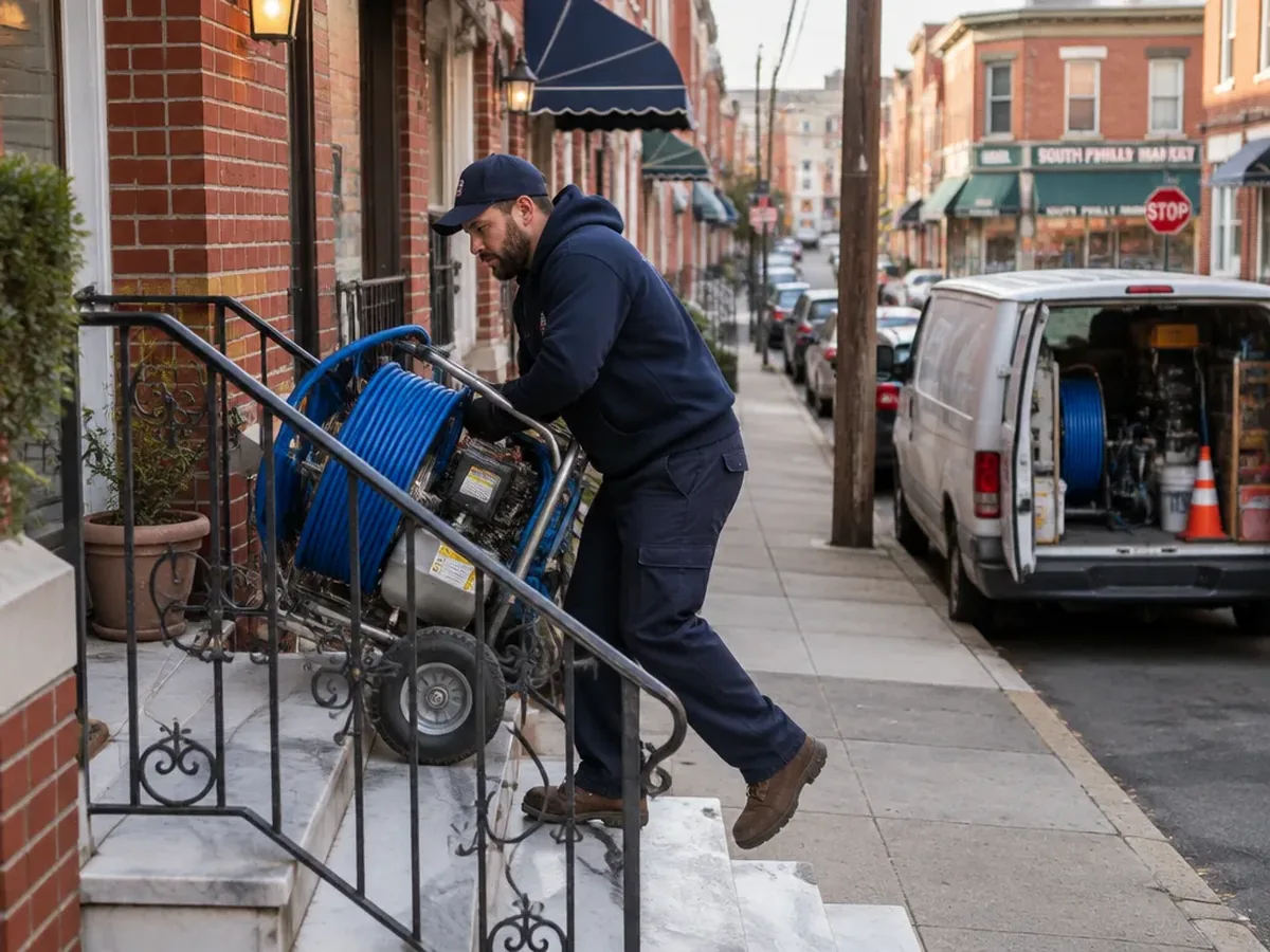 Drain technician unloading a jetter hose reel in front of a South Philly rowhouse