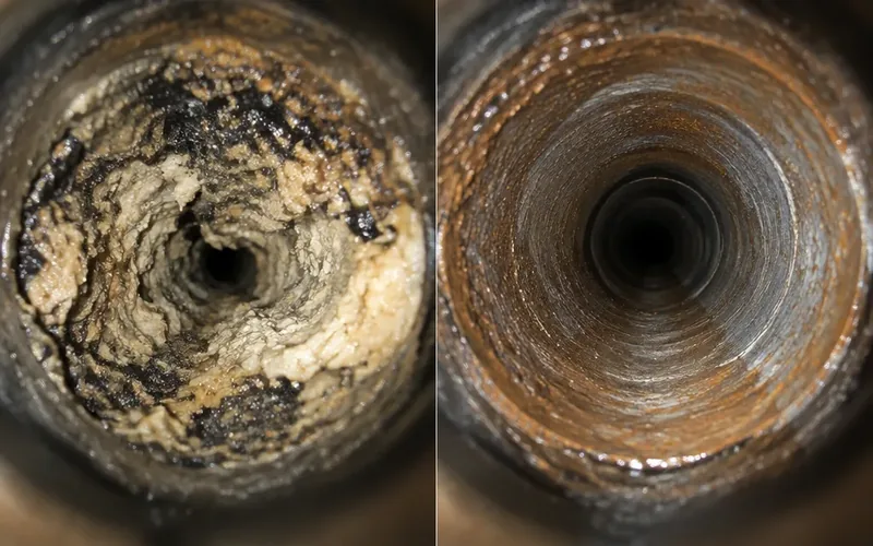 Sewer camera stills showing a grease-coated cast iron pipe before and after jetting