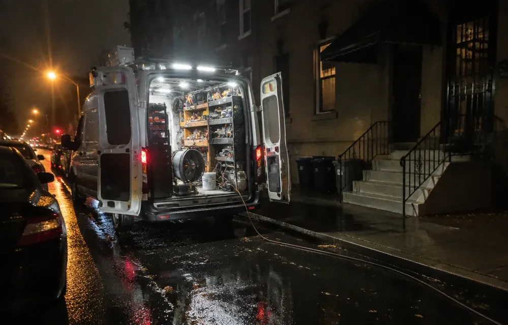 Service van with lights on answering an after-hours sewer backup call at night