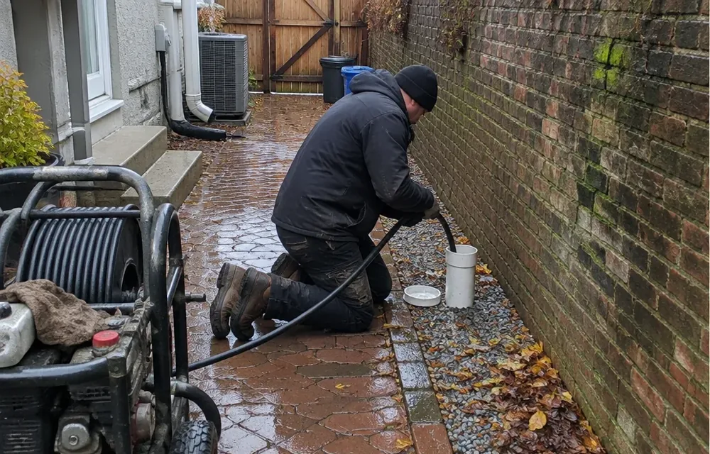 Technician feeding a jetter hose into a French drain cleanout in a wet rear yard