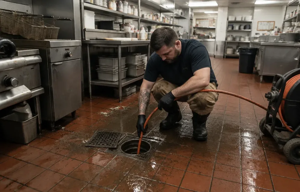 Technician jetting a grease-coated floor drain in a closed Philadelphia restaurant kitchen