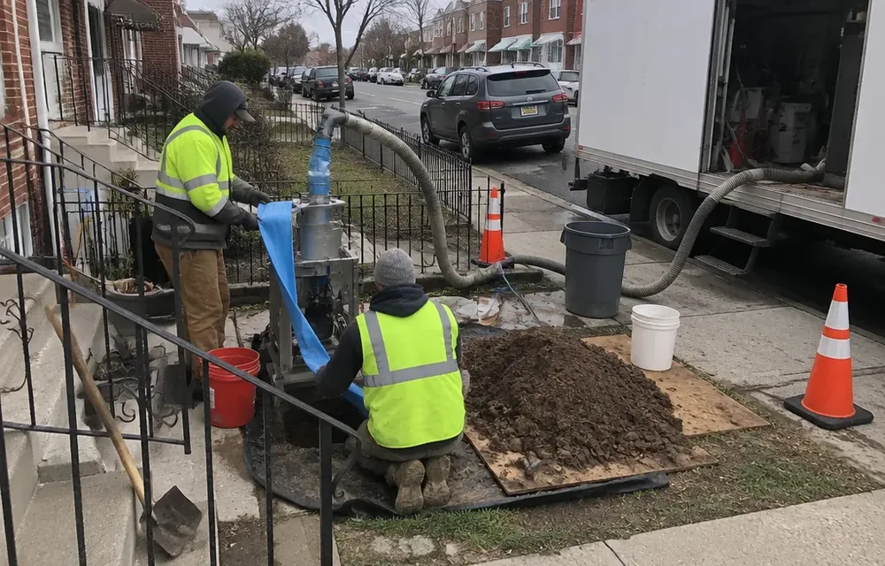 Crew preparing a cured-in-place liner at a sewer access pit in a Philadelphia yard